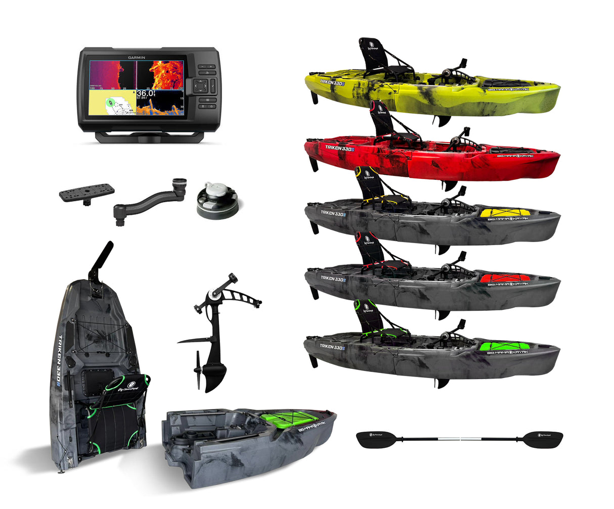 Kit 7sv composto da : Kayak da pesca a pedali Big Mama Triken 330 S divisibile + Garmin Striker vivid 7 SV + Kit braccetto