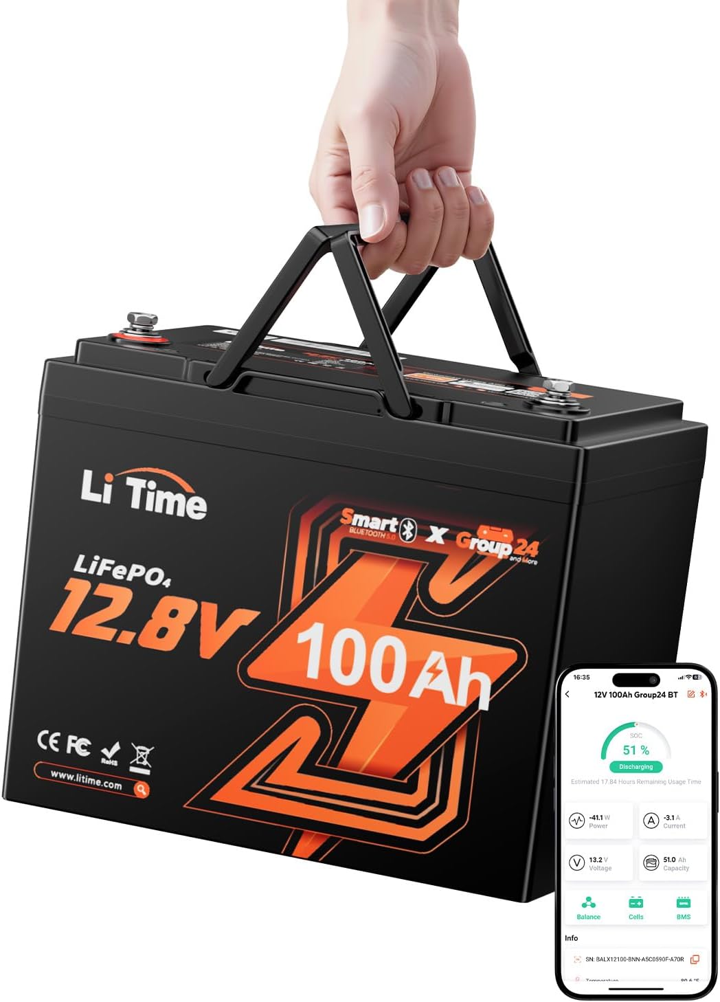 Batteria 100 Ah Extra Mini per motore elettrico kayak - LiTime 12V 100Ah Batteria al litio Bluetooth LiFePO4 LI TIME