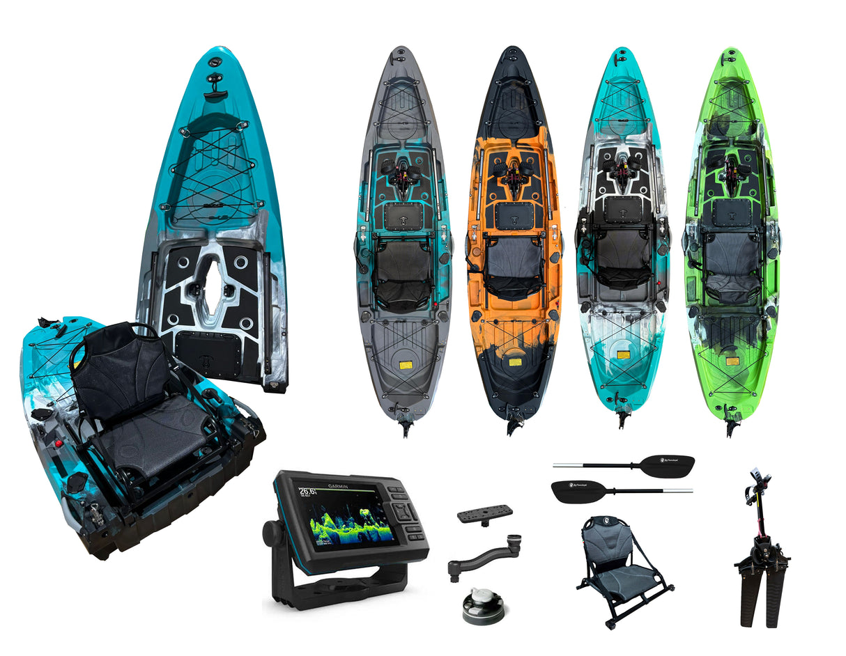 Kayak monoposto divisibile a pedali con pinne Big Mama START S500 componibile + Garmin striker VIVID 5 cv + kit schermo ecoscandaglio