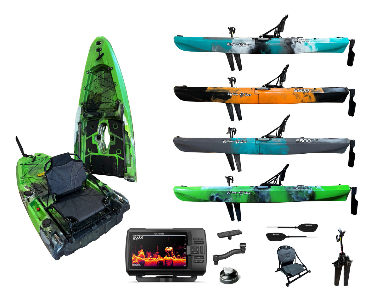 Kayak monoposto divisibile a pedali con pinne Big Mama START S500 componibile + Garmin striker VIVID 7 cv + kit schermo ecoscandaglio