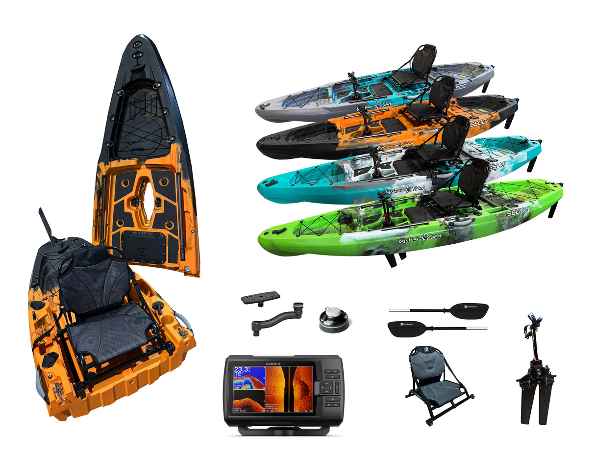 Kayak monoposto divisibile a pedali con pinne Big Mama START S500 componibile + Garmin striker VIVID 7 sv + kit schermo ecoscandaglio