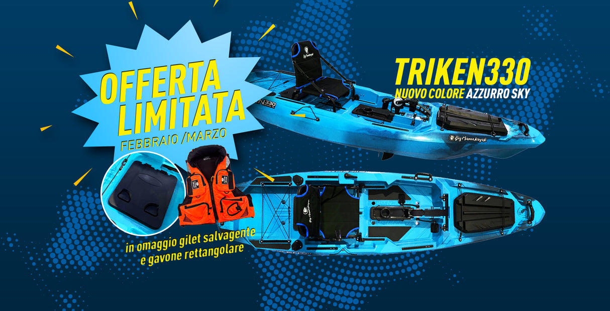 Offerta Febbraio Kayak a pedali BIG MAMA KAYAK A PEDALI TRIKEN 330 - incluso Pedali, portacanne, Pagaia, Omaggio gavone rettangolare e Gilet Colore Azzurro Sky