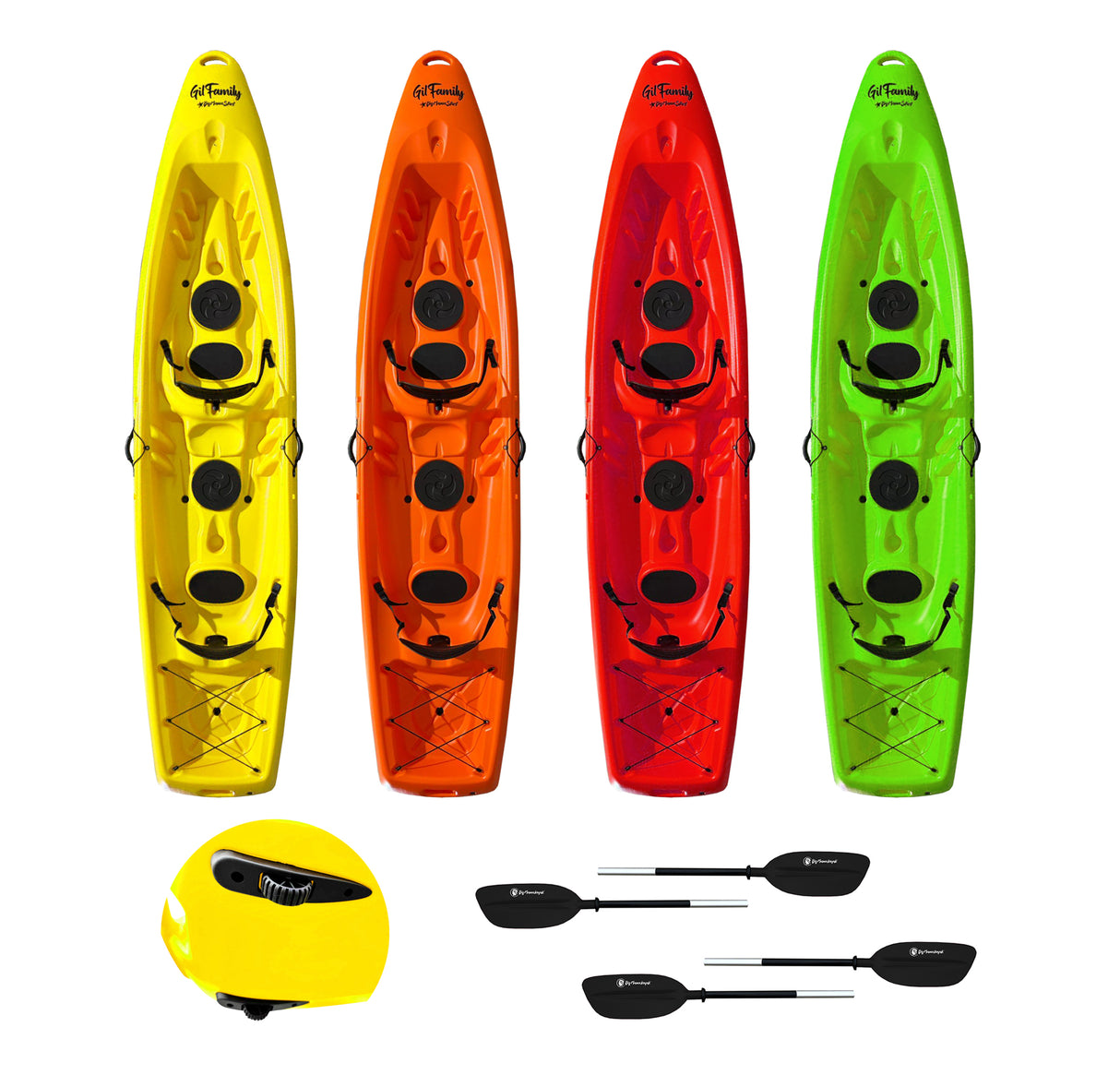 Canoa da mare e lago 3 posti modelli GIL FAMILY, inclusi 2 sedili e 2 pagaie e ruote di trasporto col. verde