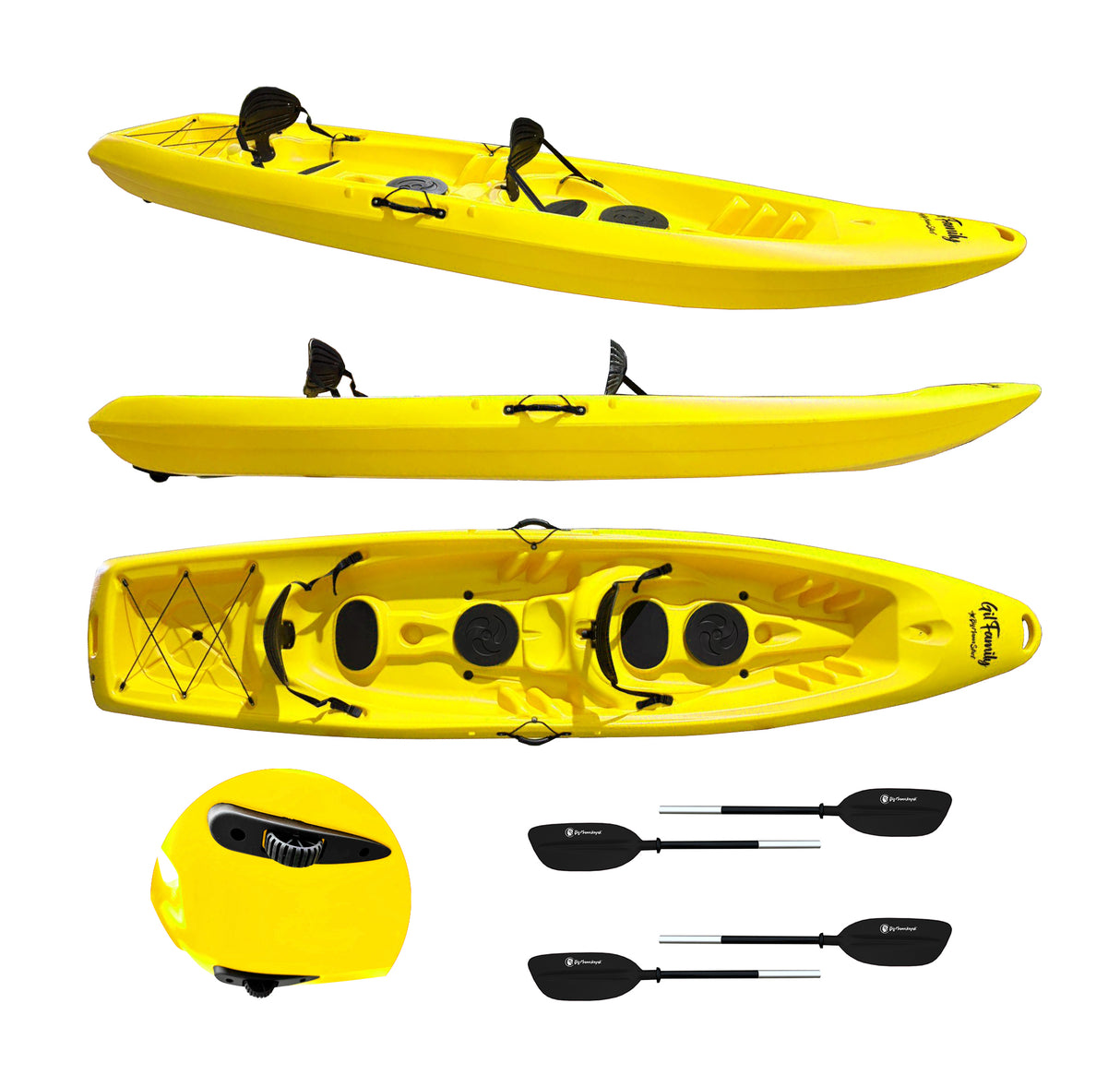 Canoa da mare e lago 3 posti modelli GIL FAMILY, inclusi 2 sedili e 2 pagaie e ruote di trasporto col. verde