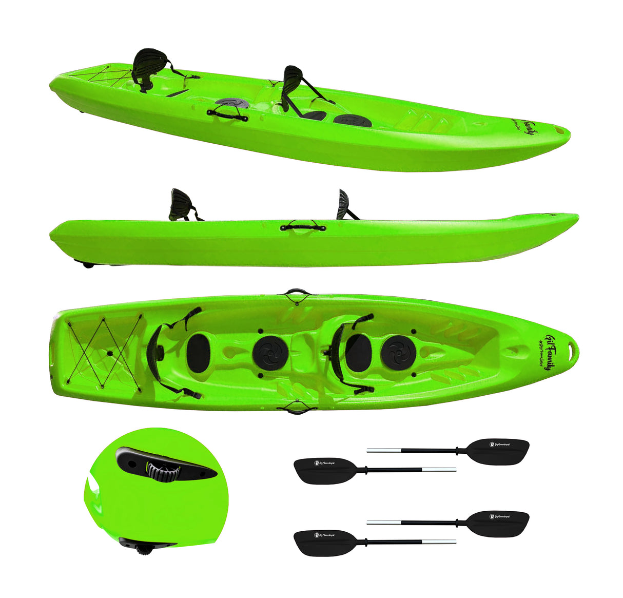 Canoa da mare e lago 3 posti modelli GIL FAMILY, inclusi 2 sedili e 2 pagaie e ruote di trasporto col. verde