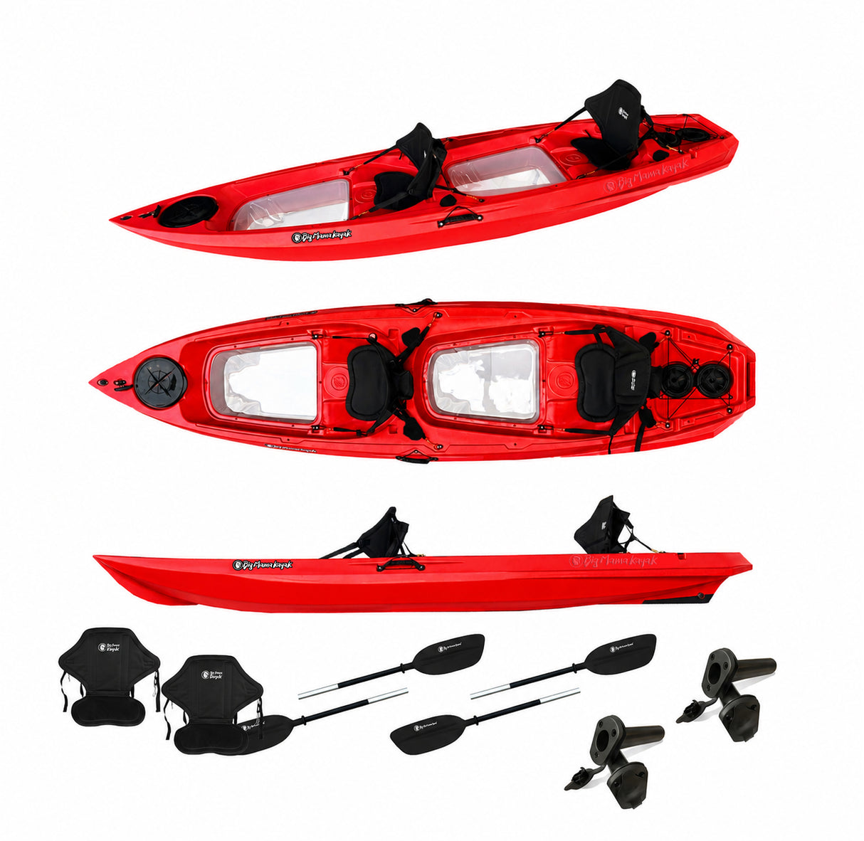 Big Mama Kayak Glass Fishing, Kayak Trasparente con oblò per guardare il fondale, incluso 2 pagaie,2 sedili, 4 porta canne integrati, ruote, gavone Full pack (rosso)