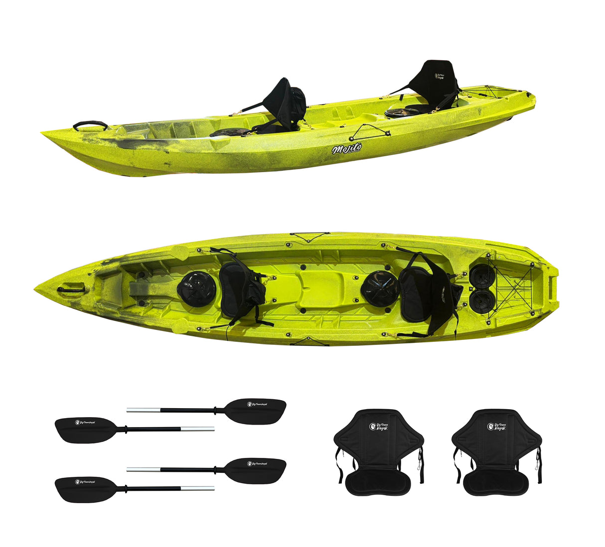 MOJITO BIG MAMA KAYAK canoa con 2 + 1 Posti, 380 Cm + 2 Gavoni + 2 ruote integrate + 2 Pagaie + 2 Seggiolini (FULL PACK) - MADE IN ITALY