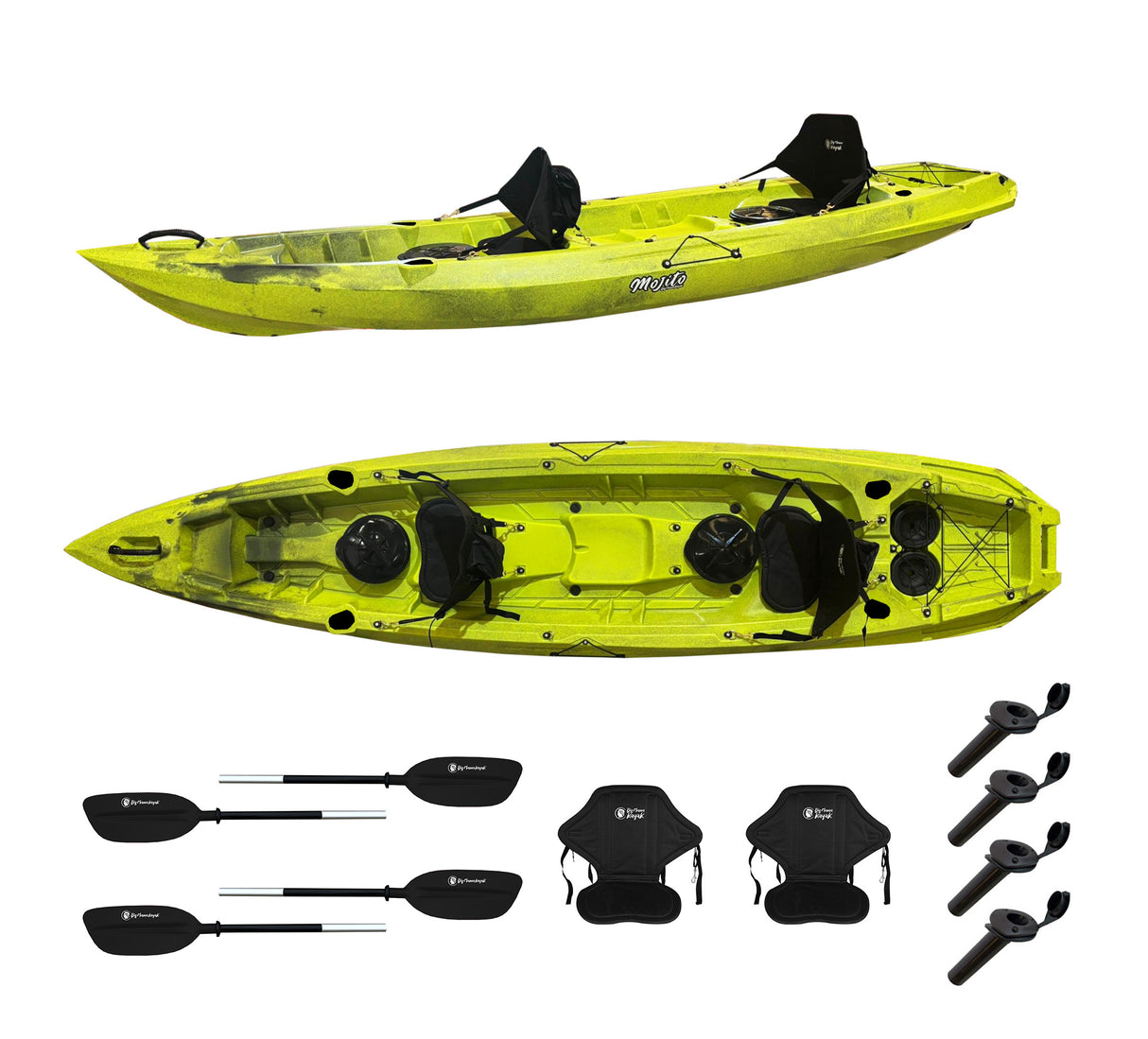 Kayak biposto Mojito FISHING Big Mama Kayak canoa con 2 + 1 Posti 380 Cm + 2 Pagaie + 2 seggiolini + 2 Gavoni + 2 ruote integrate + 4 portacanne (FULL PACK)