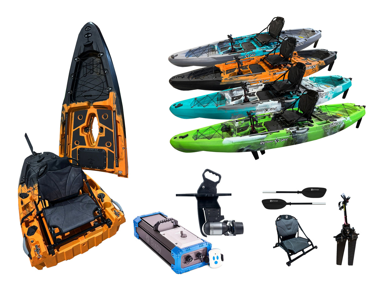 Kayak monoposto divisibile a pedali con pinne Big Mama START S500 componibile + motore Bixpy K1 Angler PRO Kit Outboard con batteria inclusa PP-768 Wh + Adattatore Low Profile Thruhull Pedal Drive
