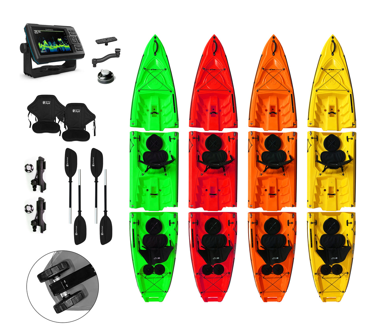 Kayak smontabile Split 2 Fishing Big Mama Kayak con 2 ruote, 2 gavone, 2 seggiolini, 2 pagaie, 2 portacanne + Garmin VIVID 5 cv