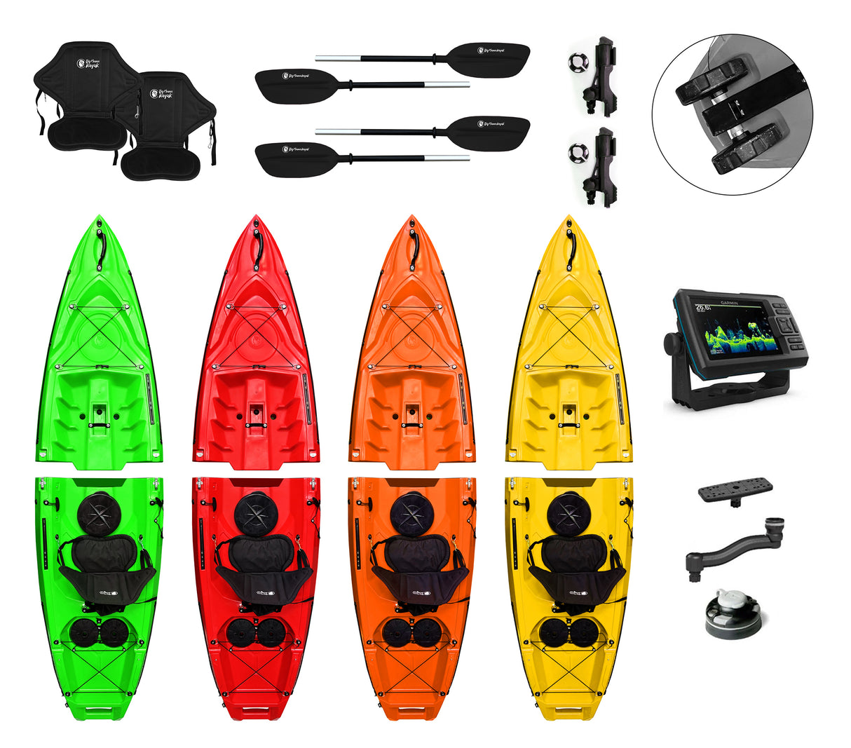 Kayak smontabile Split 1 Fishing Big Mama Kayak con 2 ruote e 1 gavone, 1 seggiolino, 1 pagaia, 2 portacanne + Garmin VIVID 5 cv