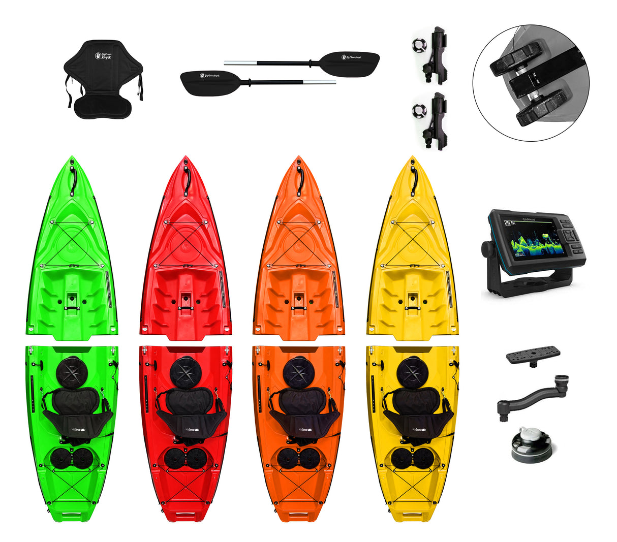 Kayak smontabile Split 1 Fishing Big Mama Kayak con 2 ruote e 1 gavone, 1 seggiolino, 1 pagaia, 2 portacanne + Garmin VIVID 5 cv