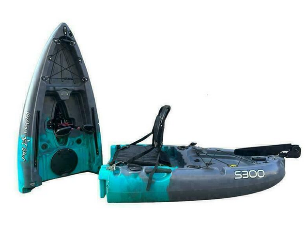 Kayak divisibile a pedali con pinne BIG MAMA START S300 monoposto componibile + motore BIXPY K1 Outboard Kit con batteria PP-378 Wh v4 + Adattatore Low Profile Thruhull Pedal Drive