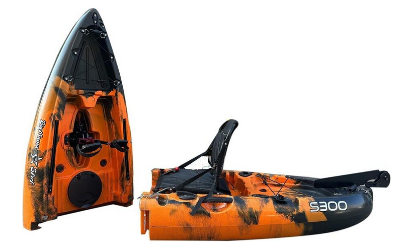 Kayak divisibile a pedali con pinne BIG MAMA START S300 monoposto componibile + motore BIXPY K1 Outboard Kit con batteria PP-378 Wh v4 + Adattatore Low Profile Thruhull Pedal Drive