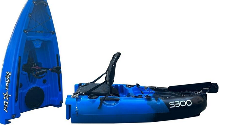 Kayak divisibile a pedali con pinne BIG MAMA START S300 monoposto componibile + motore BIXPY K1 Outboard Kit con batteria PP-378 Wh v4 + Adattatore Low Profile Thruhull Pedal Drive