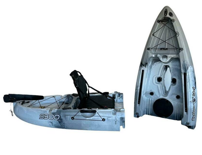 Kayak divisibile a pedali con pinne BIG MAMA START S300 monoposto componibile + motore BIXPY K1 Outboard Kit con batteria PP-378 Wh v4 + Adattatore Low Profile Thruhull Pedal Drive