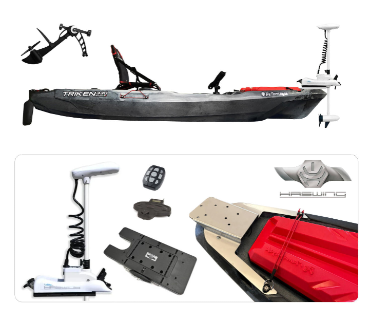 BIG MAMA KAYAK A PEDALI TRIKEN 330 con Pulpito Inox + Piastra sgancio rapido + motore HASWING Cayman 55lb funzione ancora e GPS per MARE e LAGO