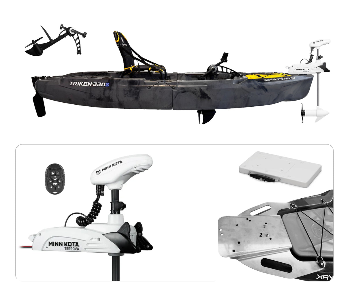 Offerta in Kit Kayak da pesca a pedali Big Mama Triken 330 S divisibile + motore Prua GPS Terrova Kayak Minn Kota 55 lb