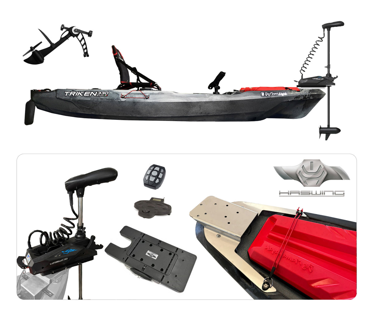 BIG MAMA KAYAK A PEDALI TRIKEN 330 con Pulpito Inox + Piastra sgancio rapido + motore HASWING Cayman new 55lb funzione ancora e GPS per MARE e LAGO