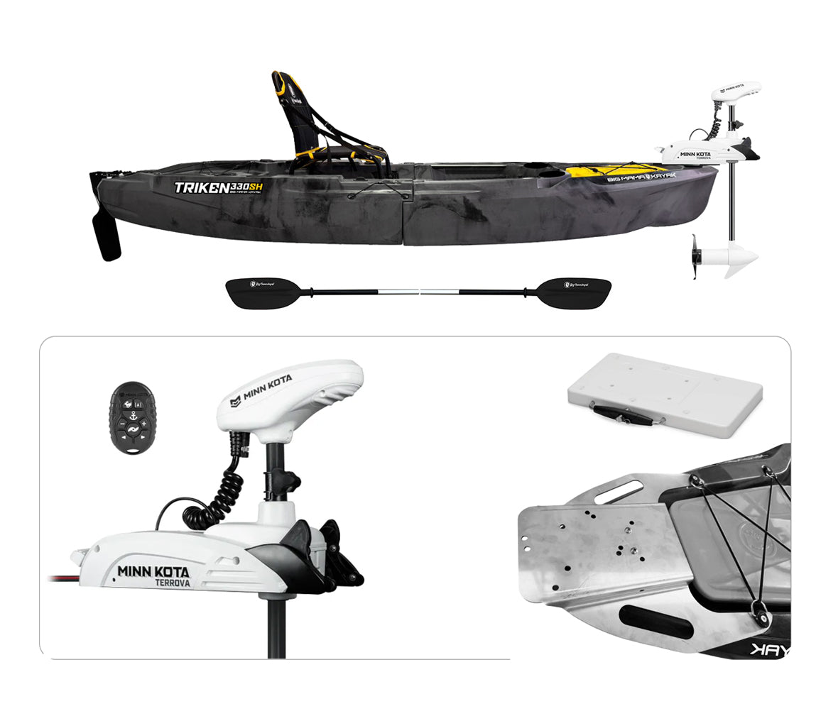 Kayak da pesca a Pedali divisibile Big Mama Triken 330 SH divisibile + motore Prua GPS Terrova Kayak Minn Kota 55 lb
