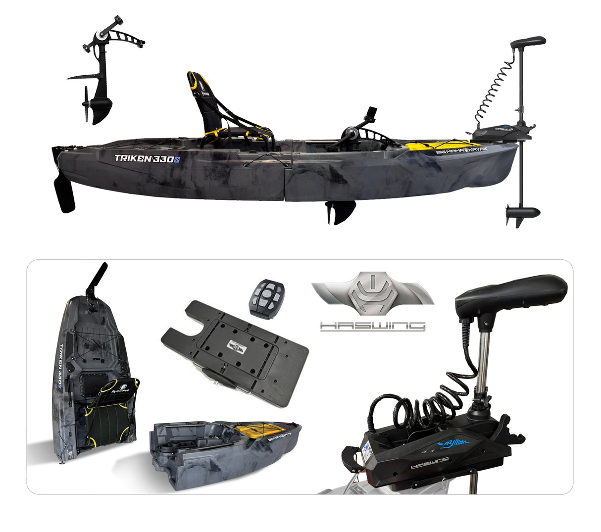 Kit composto da : Kayak da pesca a pedali Big Mama Triken 330 S divisibile + motore Prua GPS Haswing Cayman 55 LB