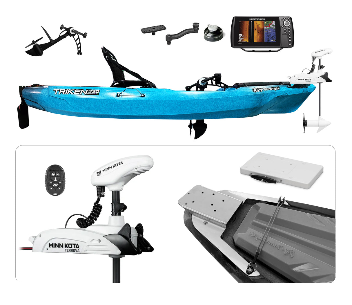 Big Mama Kayak a pedali Triken 330 con Pulpito Inox + Piastra sgancio rapido + motore Terranova KAYAK MINN KOTA 55lb, GPS + ECOSCANDAGLIO HELIX 7