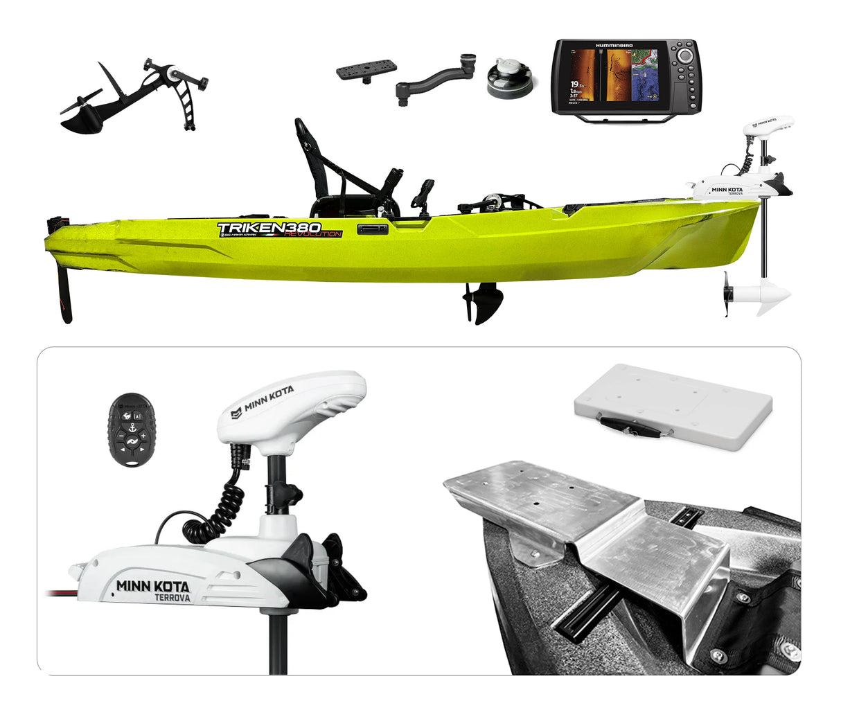 Big Mama Kayak a pedali Triken 380 REV + Motore Minn Kota TERROVA KAYAK MR 55lb, GPS SpotLock,Autopilota + Pulpito inox + Piastra sgancio rapido + Helix 7 Jh-h7-650