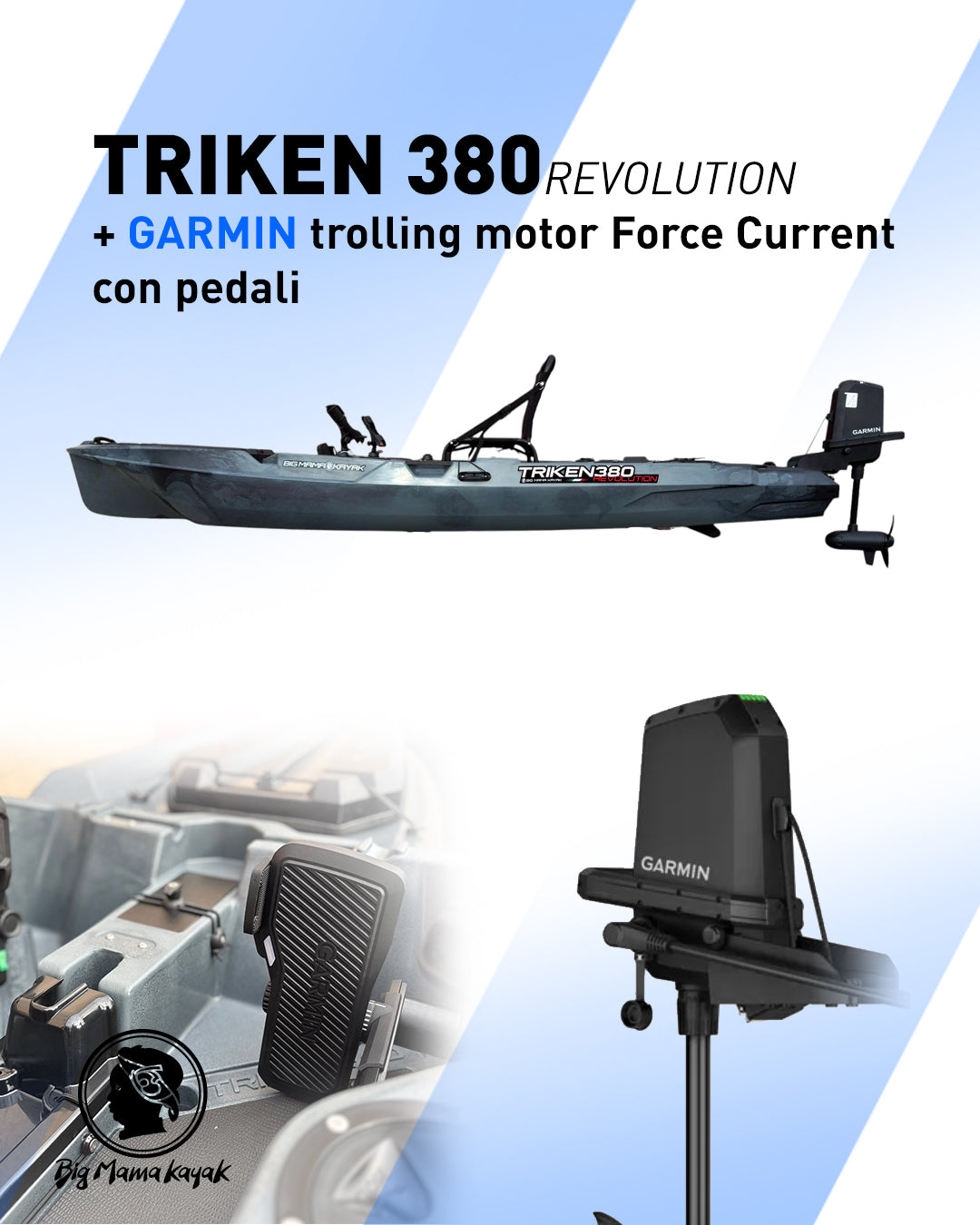 Kayak a Motore Triken 380 REV. con Garmin Force current, telecomando e controllo a pedali