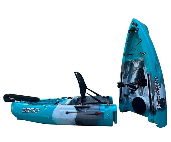 Kayak divisibile a pedali con pinne BIG MAMA START S300 monoposto componibile + motore BIXPY K1 Outboard Kit con batteria PP-378 Wh v4 + Adattatore Low Profile Thruhull Pedal Drive