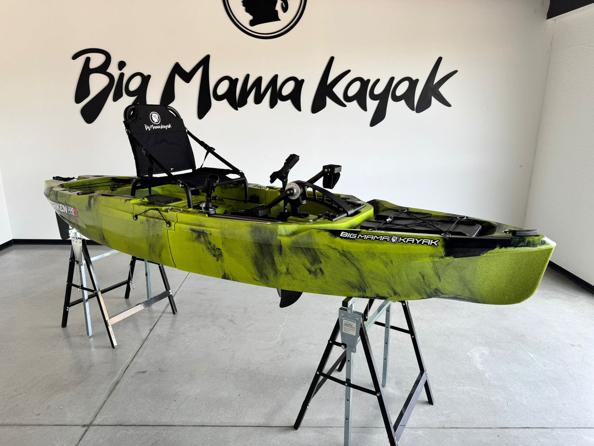 Kayak da pesca a Pedali divisibile Big Mama Triken 330 Live S, con ruote e vasca del vivo - SCAFO GRIGIO NERO, gavone NERO