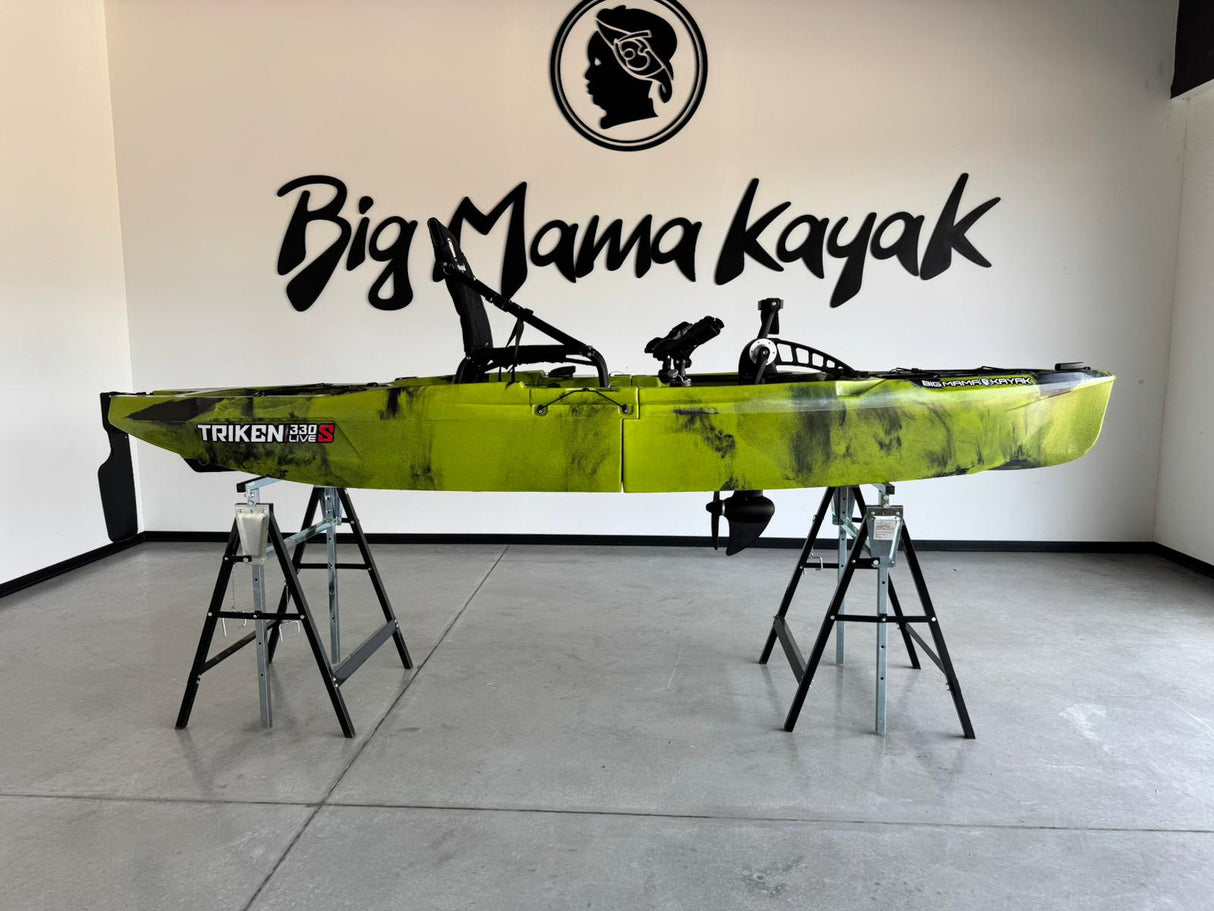 Kayak da pesca a Pedali divisibile Big Mama Triken 330 Live S, con ruote e vasca del vivo - SCAFO GRIGIO NERO, gavone NERO