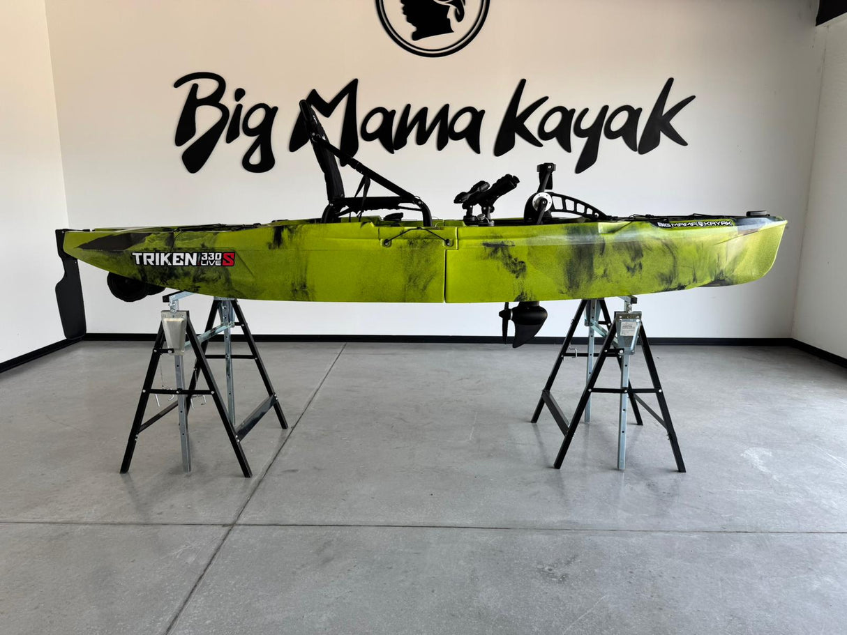 Kayak da pesca a Pedali divisibile Big Mama Triken 330 Live S, con ruote e vasca del vivo - SCAFO GRIGIO NERO, gavone NERO