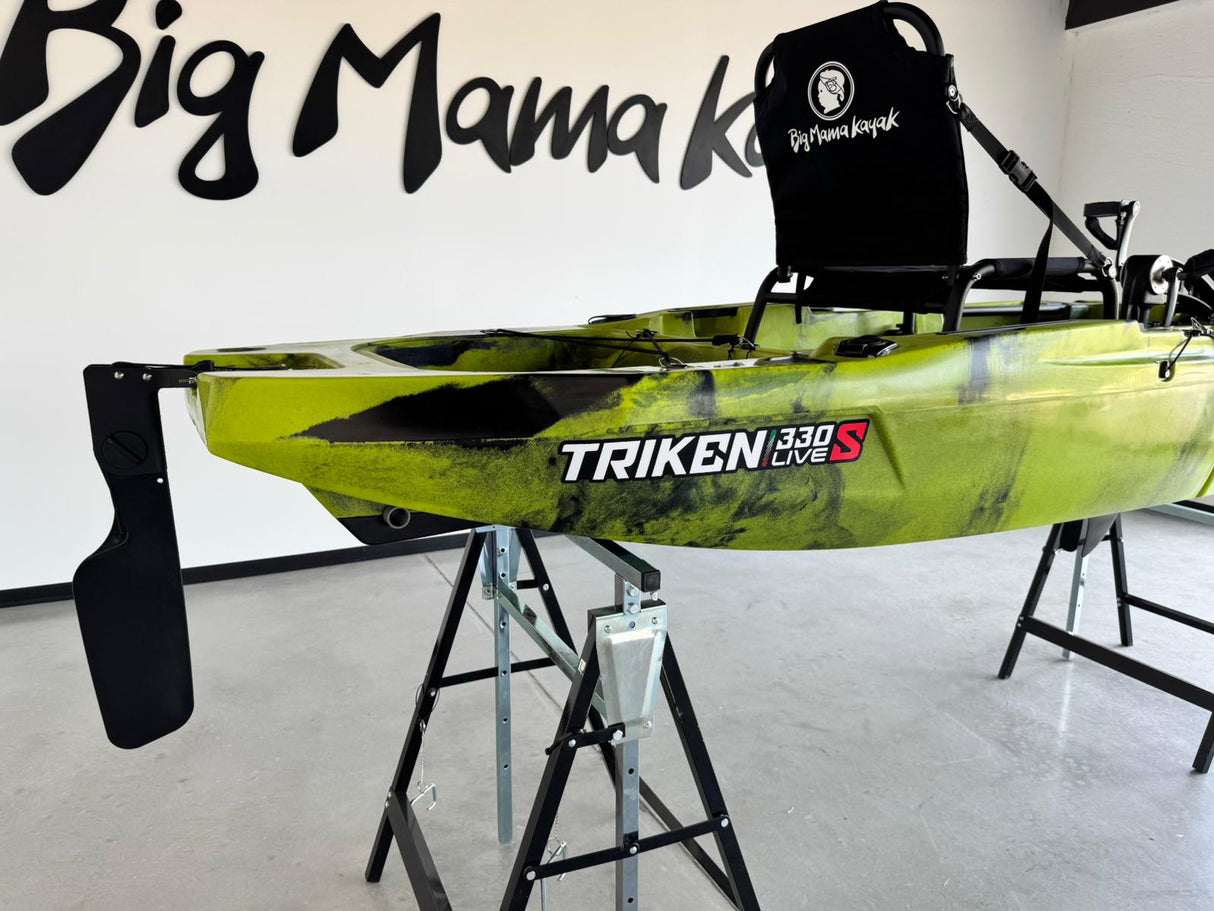 Kayak da pesca a Pedali divisibile Big Mama Triken 330 Live S, con ruote e vasca del vivo - SCAFO GRIGIO NERO, gavone NERO