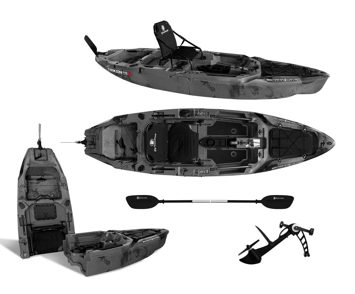 canoa fishing a Pedali divisibile Big Mama Triken 330 Live S, con ruote e vasca del vivo + ecoscandaglio Garmin Striker Vivid 7CV + kit braccetto display