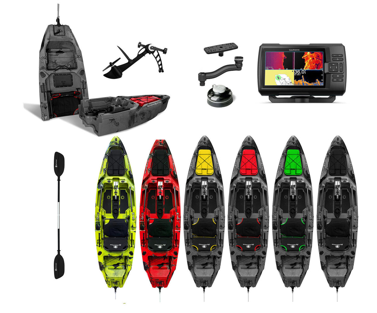 kayak fishing a Pedali divisibile Big Mama Triken 330 Live S, con ruote e vasca del vivo + ecoscandaglio Garmin Striker Vivid 7SV + kit braccetto display