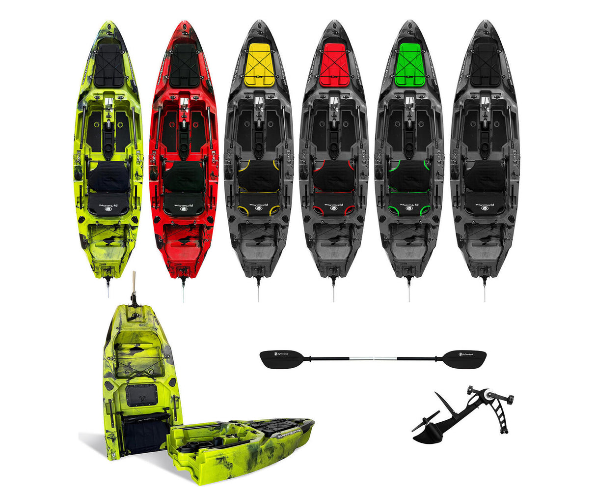 canoa fishing a Pedali divisibile Big Mama Triken 330 Live S, con ruote e vasca del vivo + ecoscandaglio Garmin Striker Vivid 7CV + kit braccetto display