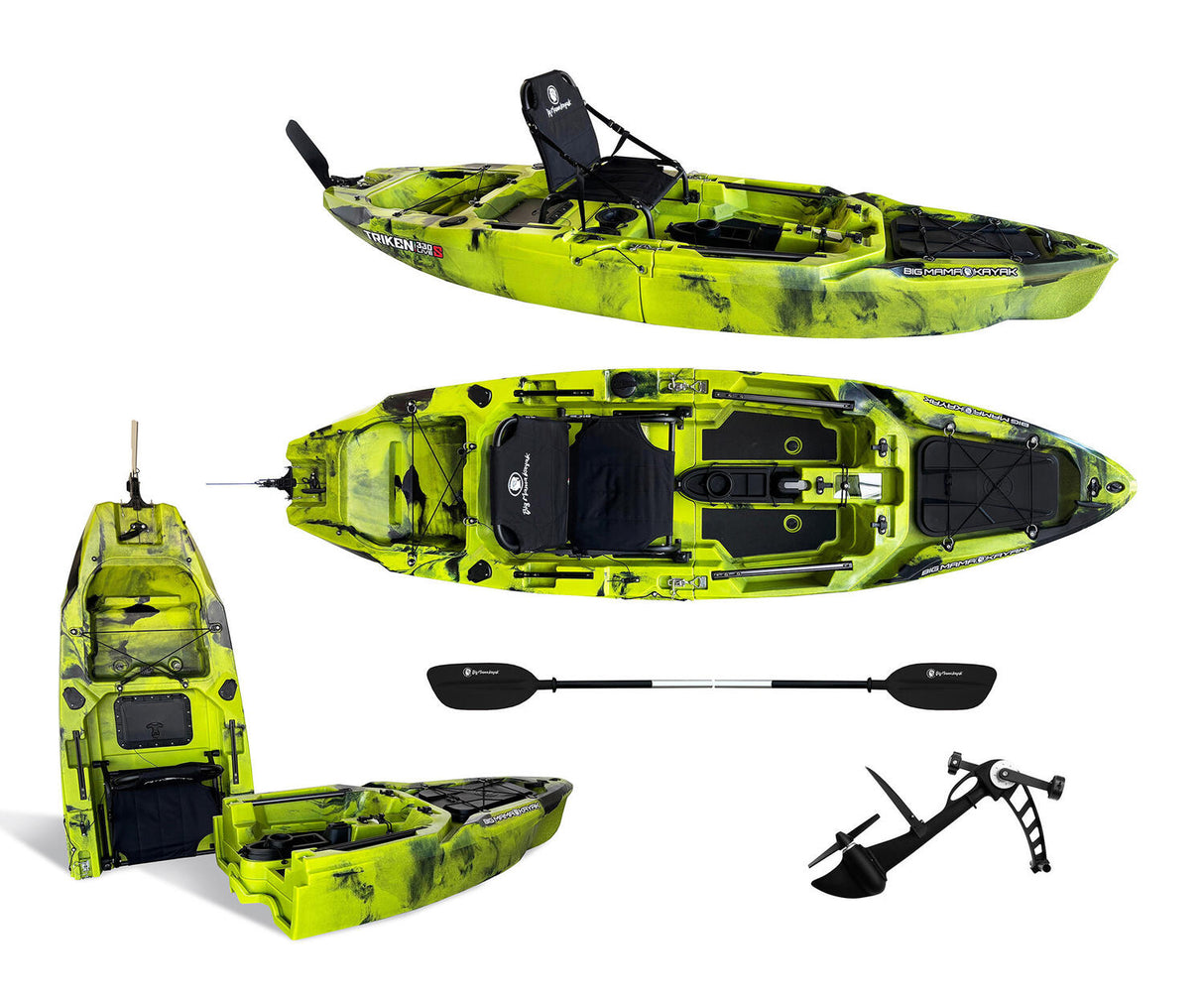 canoa monoposto divisibile a pedali con elica BIG MAMA KAYAK TRIKEN 330 LIVE S componibile + motore Bixpy K1 Angler PRO Kit Outboard con batteria inclusa PP-768 Wh + Adattatore centrale vano copripedali