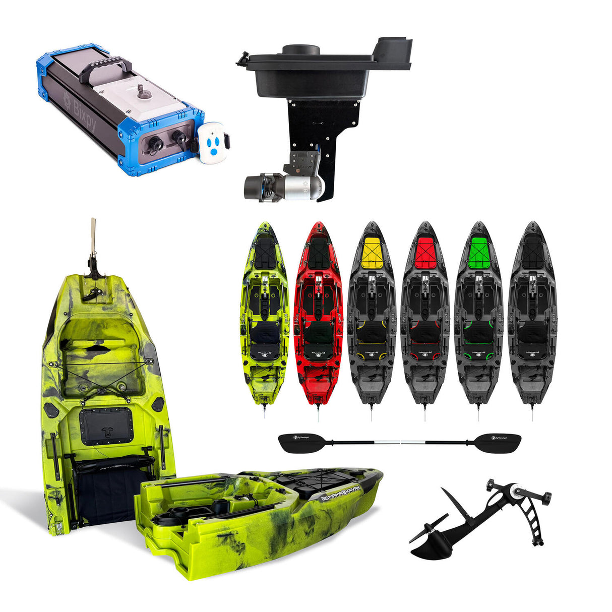 canoa monoposto divisibile a pedali con elica BIG MAMA KAYAK TRIKEN 330 LIVE S componibile + motore Bixpy K1 Angler PRO Kit Outboard con batteria inclusa PP-768 Wh + Adattatore centrale vano copripedali