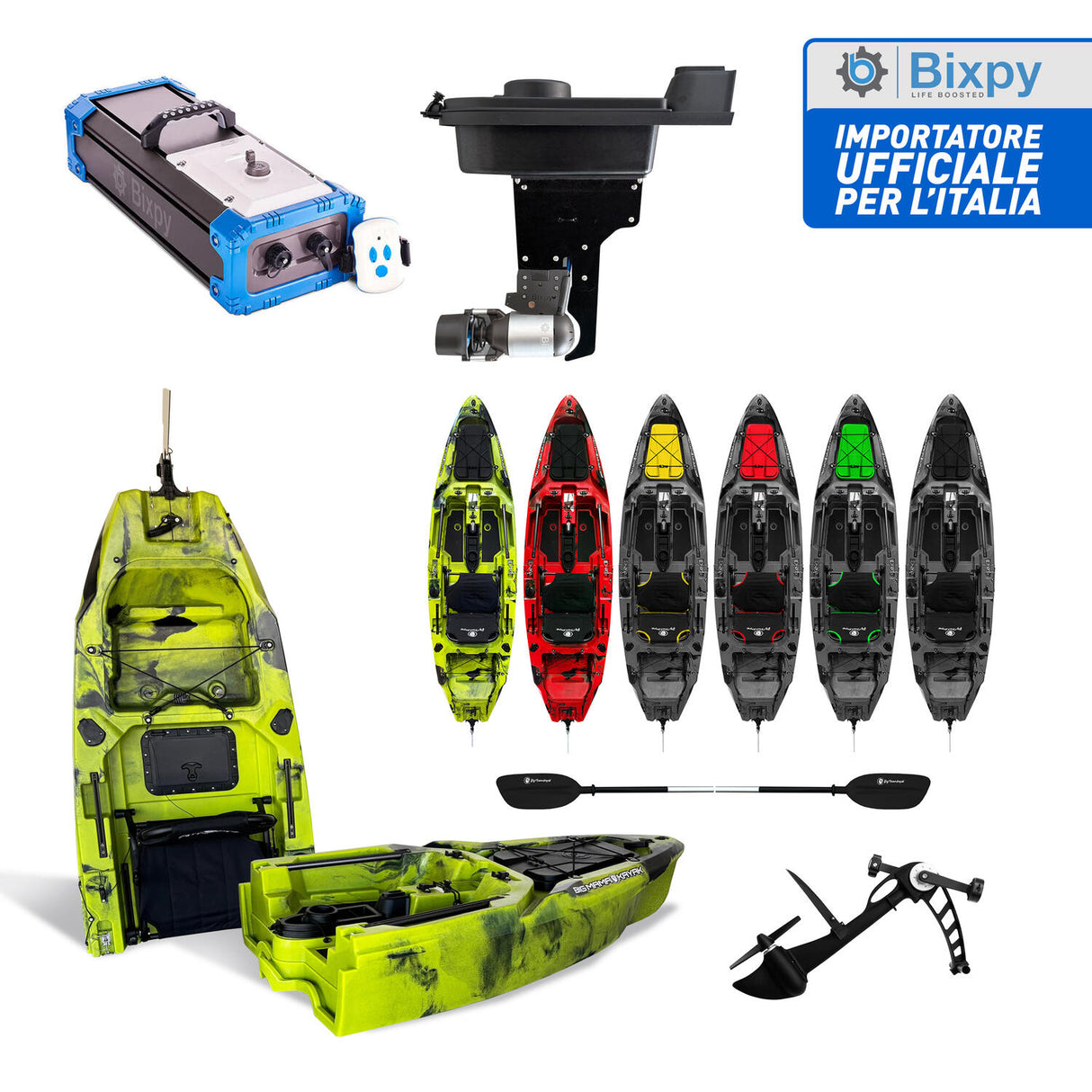 canoa monoposto divisibile a pedali con elica BIG MAMA KAYAK TRIKEN 330 LIVE S componibile + motore Bixpy K1 Angler PRO Kit Outboard con batteria inclusa PP-768 Wh + Adattatore centrale vano copripedali