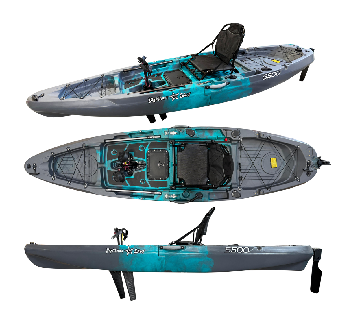 Kayak monoposto divisibile a pedali con pinne Big Mama START S500 componibile + motore Bixpy K1 Angler PRO Kit Outboard con batteria inclusa PP-768 Wh + Adattatore Low Profile Thruhull Pedal Drive