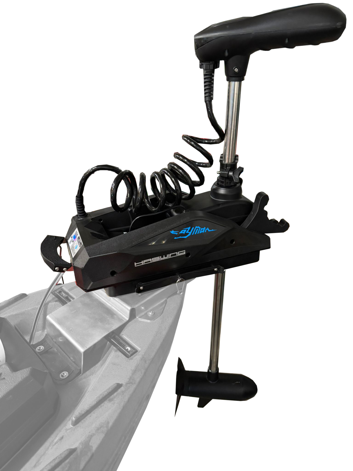 Kayak a Motore di prua Haswing Cayman 55lb con GPS + Pedali divisibile Big Mama Triken 330 live S, con ruote e vasca del vivo