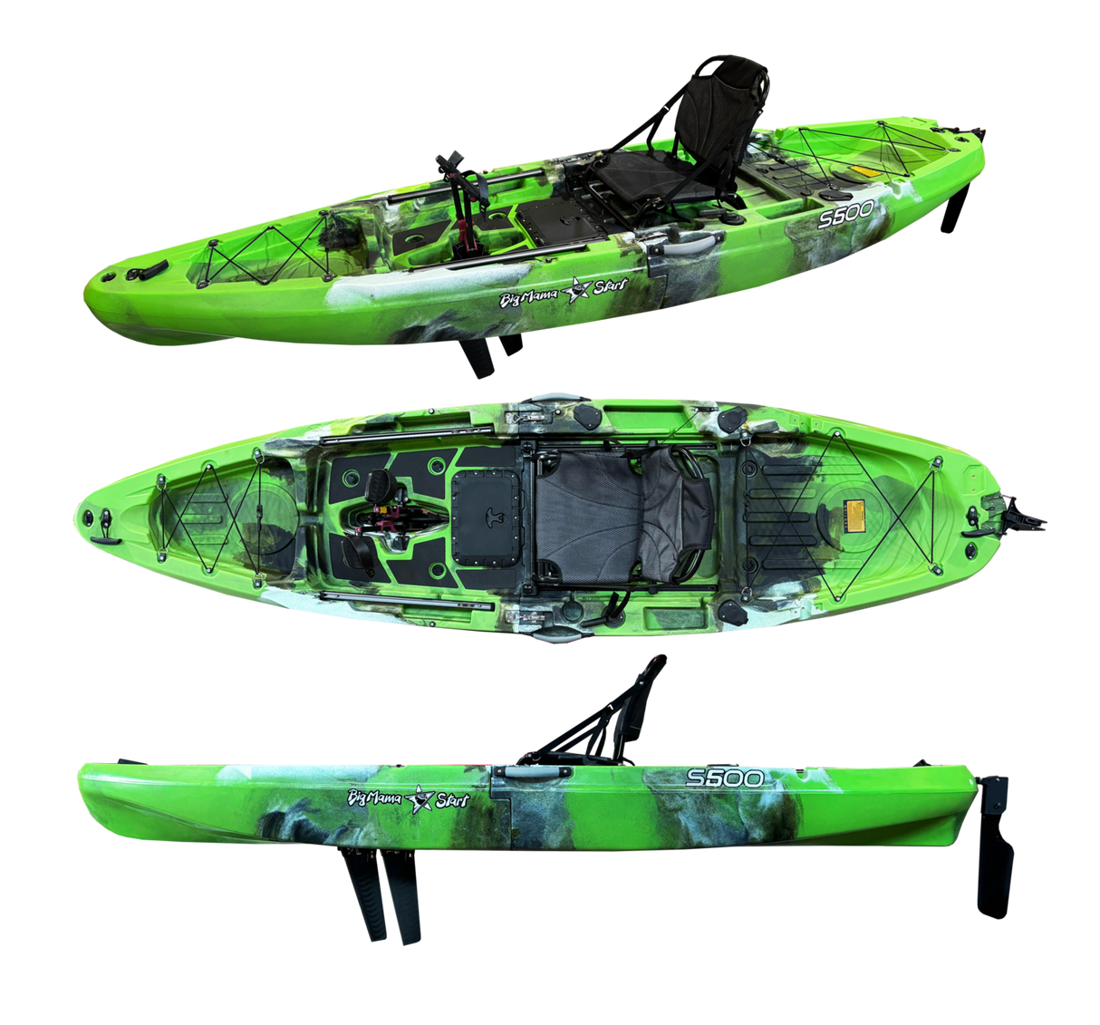 Kayak monoposto divisibile a pedali con pinne Big Mama START S500 componibile + motore Bixpy K1 Angler PRO Kit Outboard con batteria inclusa PP-768 Wh + Adattatore Low Profile Thruhull Pedal Drive