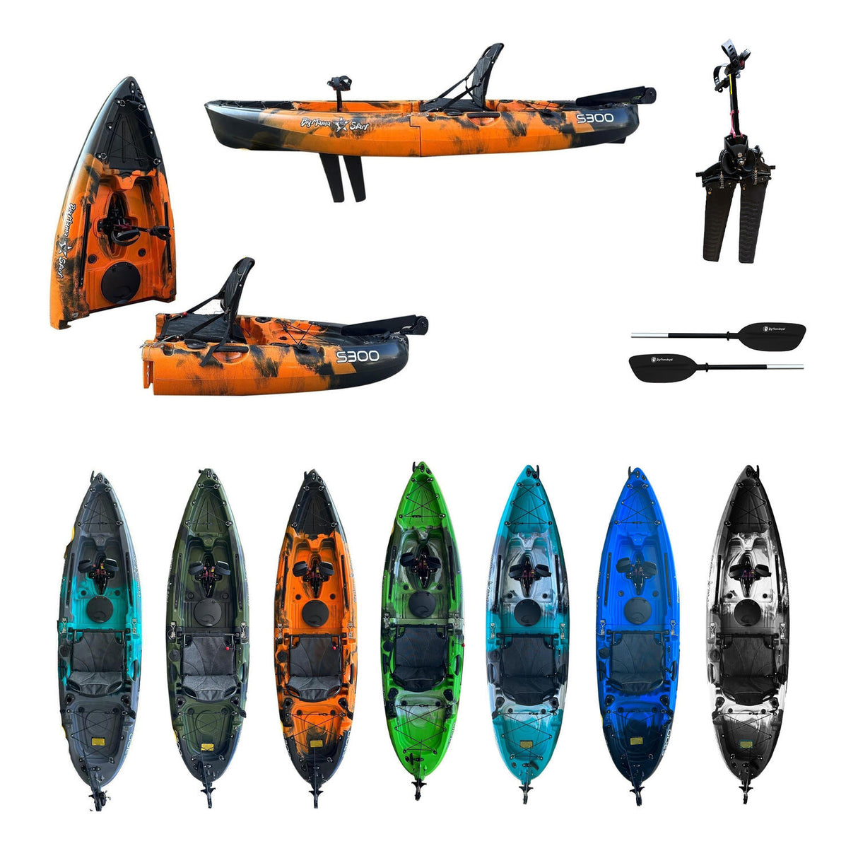 Kayak divisibile a pedali con pinne BIG MAMA START S300 monoposto componibile + motore BIXPY K1 Outboard Kit con batteria PP-378 Wh v4 + Adattatore Low Profile Thruhull Pedal Drive