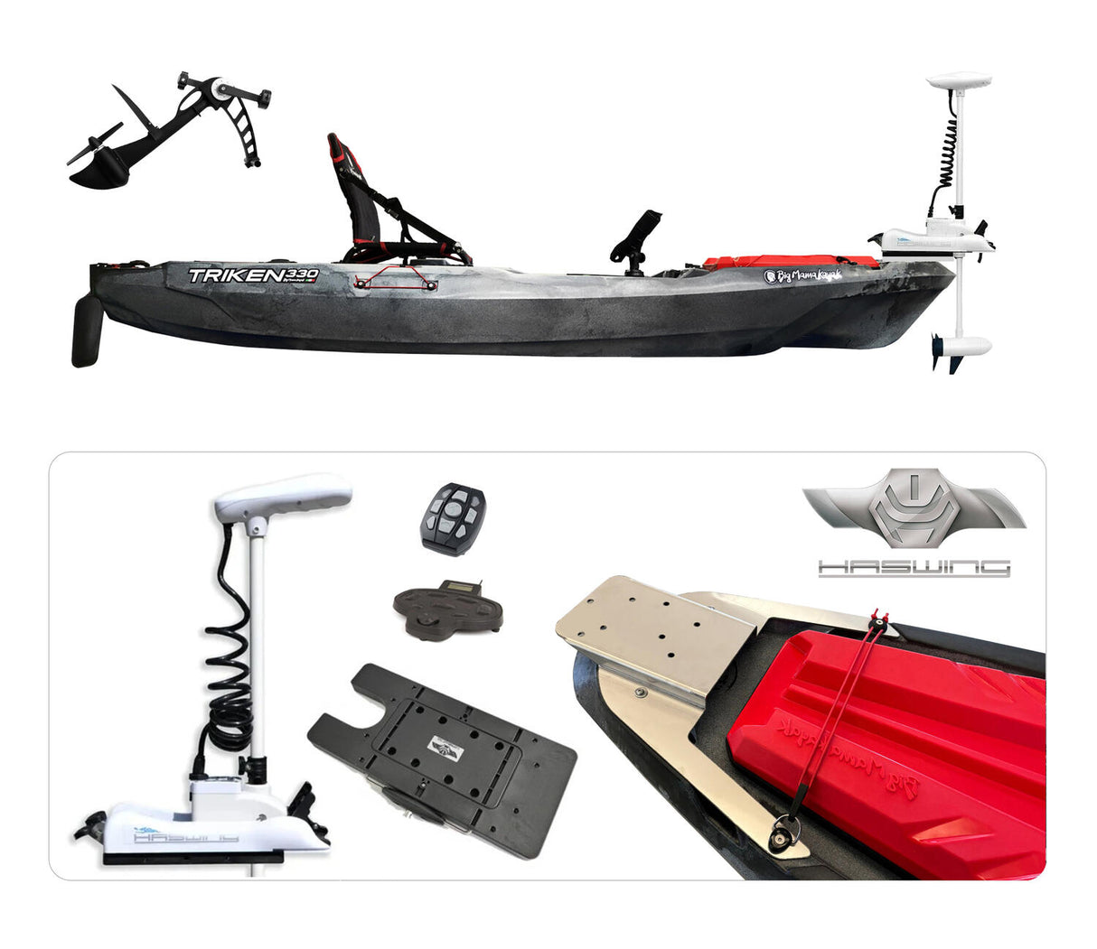 BIG MAMA KAYAK A PEDALI TRIKEN 330 con Pulpito Inox + Piastra sgancio rapido + motore HASWING Cayman 55lb funzione ancora e GPS per MARE e LAGO