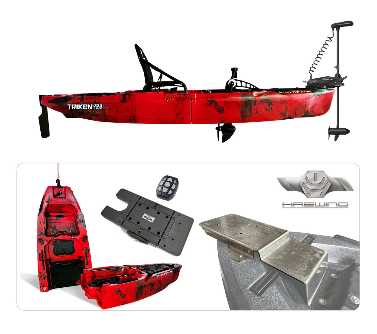 Kayak a Motore di prua Haswing Cayman 55lb con GPS + Pedali divisibile Big Mama Triken 330 live S, con ruote e vasca del vivo