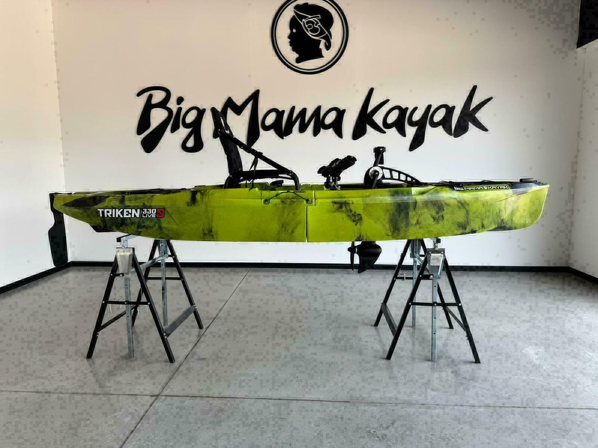 canoa monoposto divisibile a pedali con elica BIG MAMA KAYAK TRIKEN 330 LIVE S componibile + motore Bixpy K1 Angler PRO Kit Outboard con batteria inclusa PP-768 Wh + Adattatore centrale vano copripedali