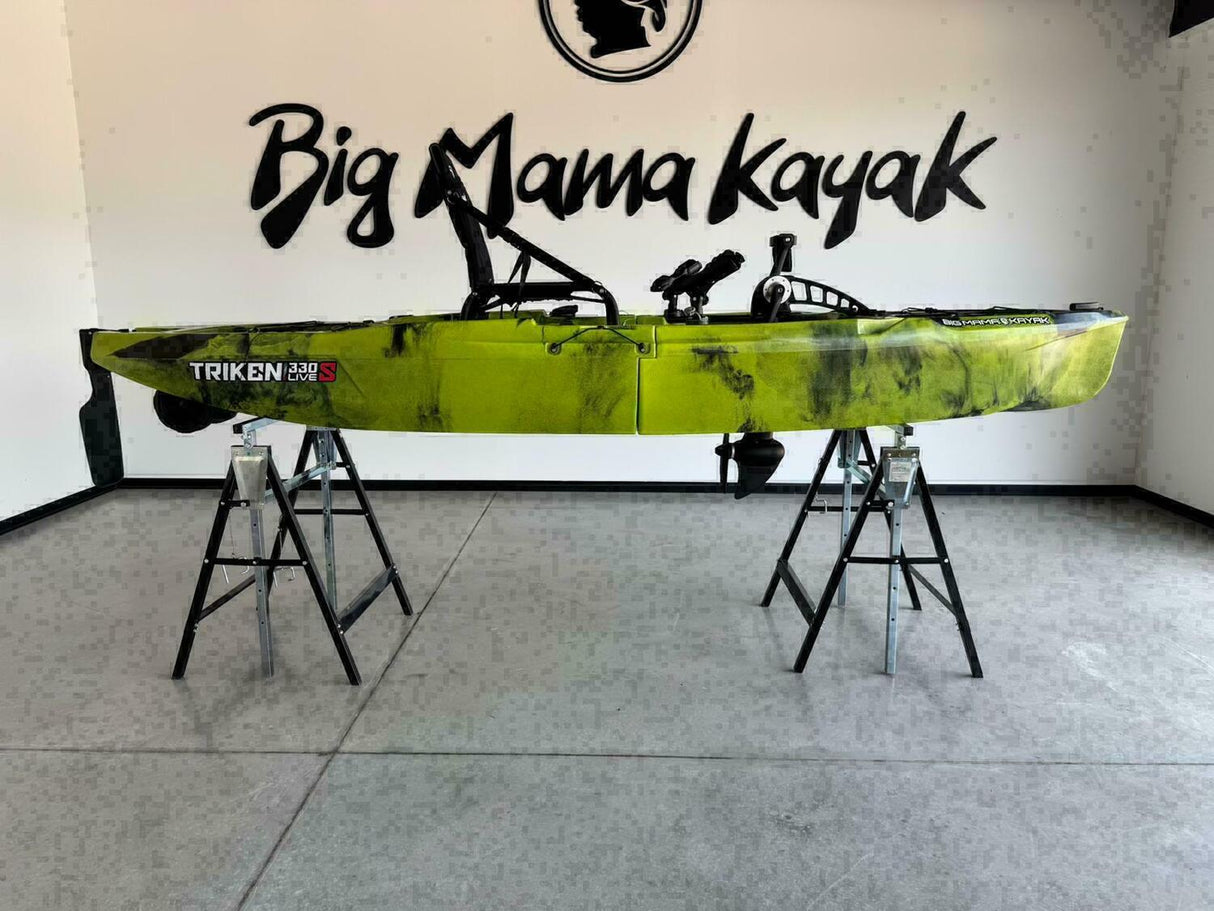 canoa monoposto divisibile a pedali con elica BIG MAMA KAYAK TRIKEN 330 LIVE S componibile + motore Bixpy K1 Angler PRO Kit Outboard con batteria inclusa PP-768 Wh + Adattatore centrale vano copripedali