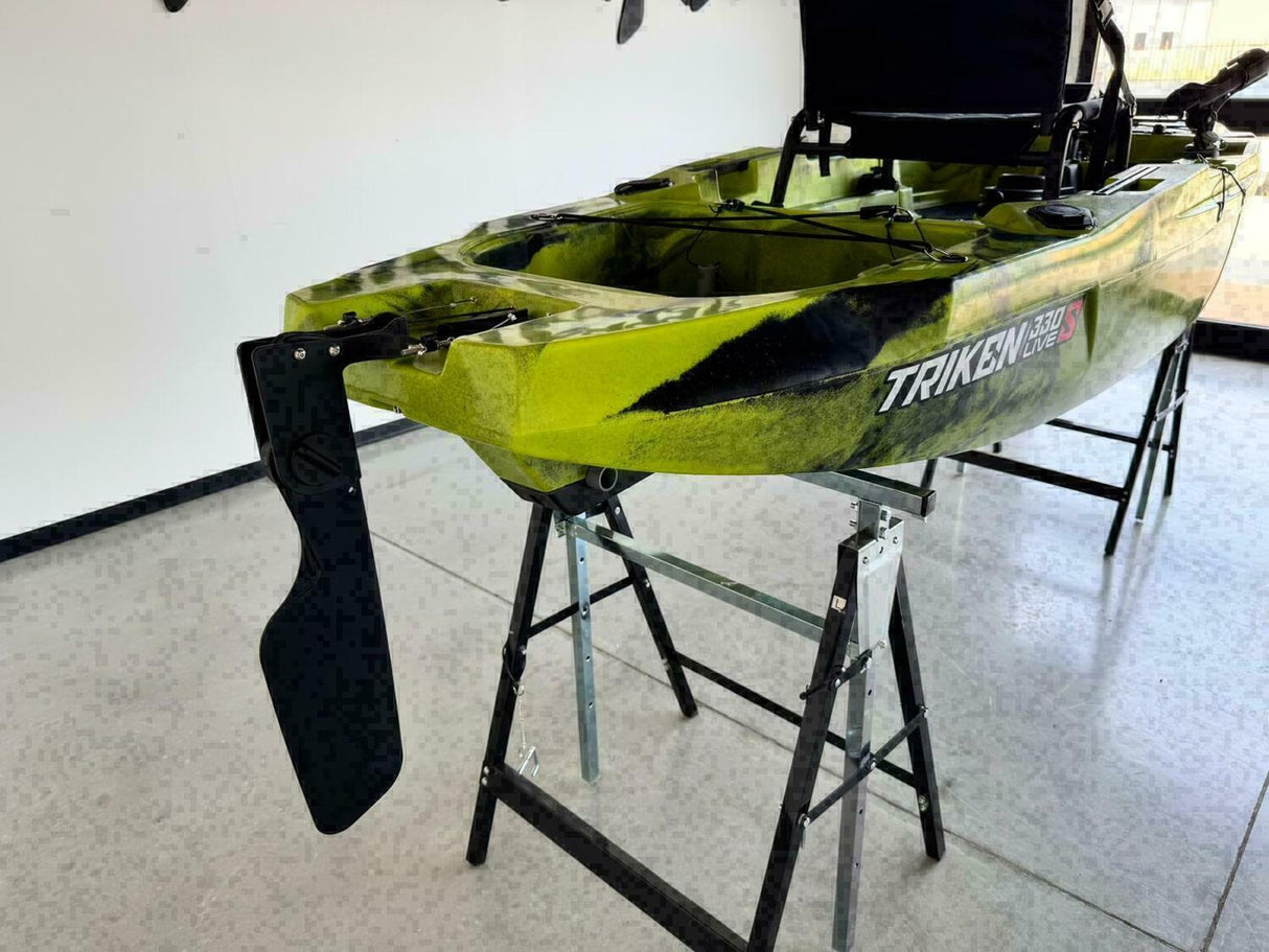 canoa monoposto divisibile a pedali con elica BIG MAMA KAYAK TRIKEN 330 LIVE S componibile + motore Bixpy K1 Angler PRO Kit Outboard con batteria inclusa PP-768 Wh + Adattatore centrale vano copripedali