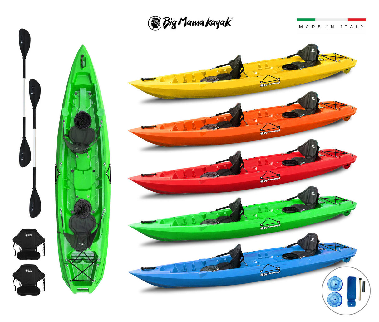 MOJITO BIG MAMA KAYAK canoa con 2 + 1 Posti, 380 Cm + 2 Gavoni + 2 ruote integrate + 2 Pagaie + 2 Seggiolini (FULL PACK) - MADE IN ITALY