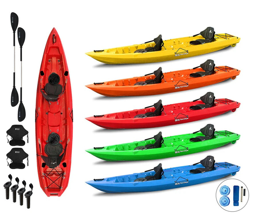 Kayak biposto Mojito FISHING Big Mama Kayak canoa con 2 + 1 Posti 380 Cm + 2 Pagaie + 2 seggiolini + 2 Gavoni + 2 ruote integrate + 4 portacanne (FULL PACK)